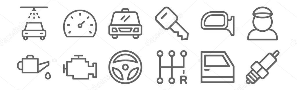 set of 12 automobile icons. outline thin line icons such as spark plug, gearshift, car, rearview mirror, taxi, speedometer