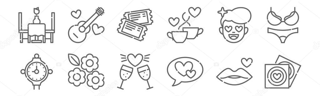 set of 12 date night icons. outline thin line icons such as condoms, talk, flowers, in love, tickets, music