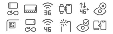 12 telefon ve cep telefonu ikonu seti. Bağlantı, arka kamera, bağlantı, g, g, manzara kipi gibi ince çizgi simgeleri
