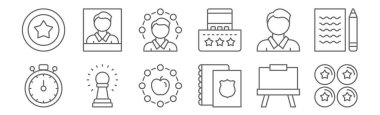 12 eğitim ikonu. Ödül, defter, piyon, öğrenci, resim gibi ince çizgi simgelerini özetle