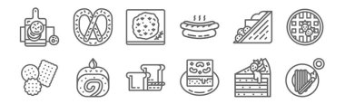 12 Ağustos fırın ikonu seti. Churros, brownie, ekmek, sandviç, Focaccia, pretzel gibi ince çizgi simgelerini özetle