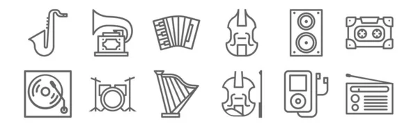 Set Music Icons Outline Thin Line Icons Radio Violin Drum — Stock Vector