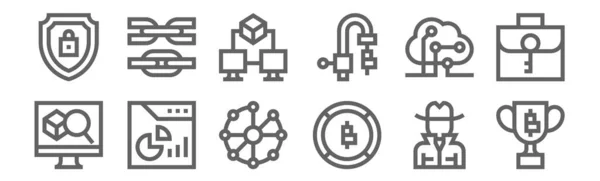 Set Blockchain Icons Outline Thin Line Icons Reward Bitcoin Portfolio — Stock Vector