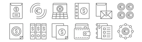 Набор Иконок Иконки Тонкой Линии Такие Евро Бумажник Архив Счет — стоковый вектор