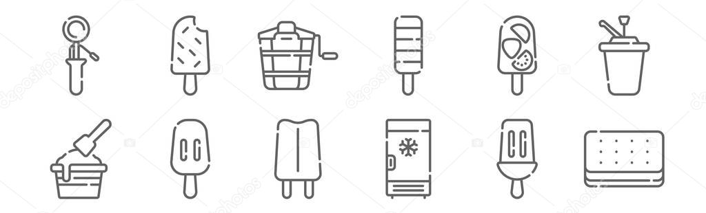 set of 12 ice cream shop icons. outline thin line icons such as ice cream, freezer, popsicle, popsicle, bucket, popsicle