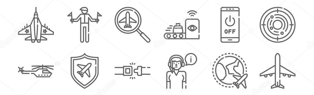 set of 12 aviation icons. outline thin line icons such as airplane, air controller, shield, smartphone, search, airport