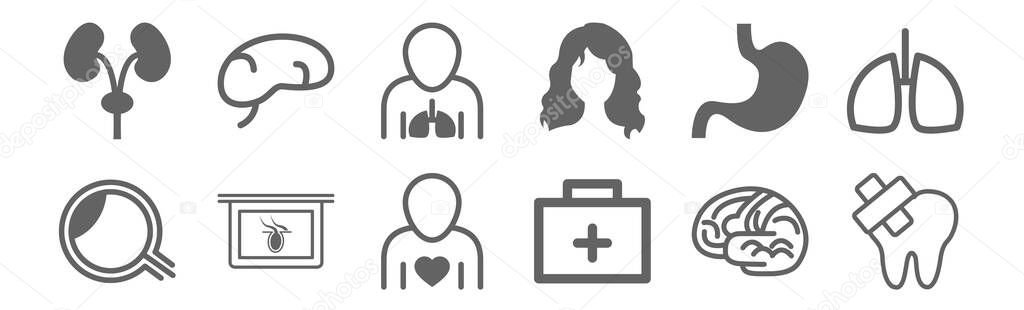 set of 12 body parts icons. outline thin line icons such as inju tooth, medical kit, body part x ray internal vision, stomach, lungs inside the human body, spleen human part