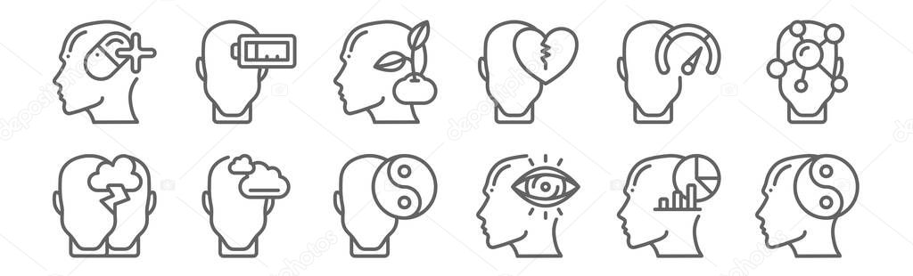 set of 12 human mind icons. outline thin line icons such as balance, vision, dreaming, strenght, growth, exhausted