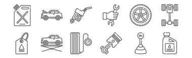 12 araba garaj ikonu seti. Yağ, piston, asansör, tekerlek, yakıt, hasar gibi ince çizgi simgeleri