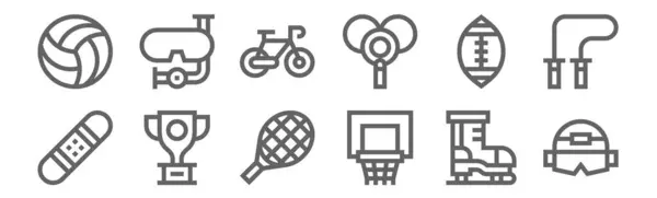 12のスポーツ用具のアイコンのセット ヘルメット バスケットボール トロフィー アメリカンフットボール 自転車 ダイビングマスクなどの細い線のアイコンの概要 — ストックベクタ