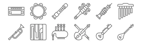 Set Music Instruments Icons Outline Thin Line Icons Tanbur Violin — Stock Vector
