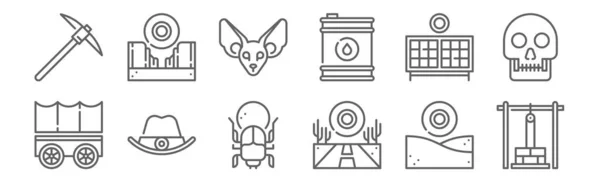 Set Von Wüstensymbolen Umreißen Dünne Linien Symbole Wie Brunnen Straße — Stockvektor