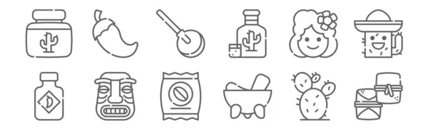 一套12个墨西哥图标 概述细线图标 如Tamale Molcajete Mask Mexican Coa Jima Chili — 图库矢量图片