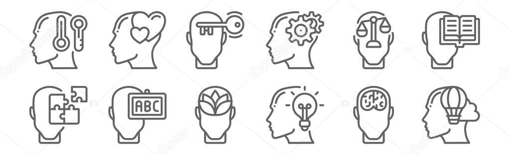 set of 12 human mind icons. outline thin line icons such as imagination, idea, knowledge, law, open mind, in love