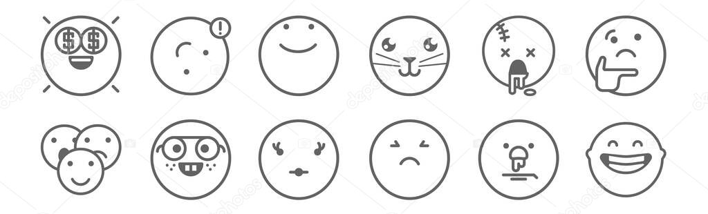 Set of 12 classics icons. outline thin line icons such as laugh, sad, nerd, dead, happy, inverted