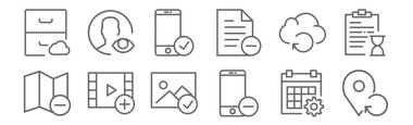 12 etkileşim simgesi seti. konum tutucu, akıllı telefon, video oynatıcı, bulut hesaplama, akıllı telefon, kullanıcı gibi ince çizgi simgeleri