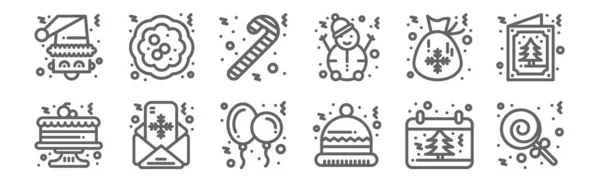 Set Christmas Icons Outline Thin Line Icons Lollipop Cake Letter — Stock Vector