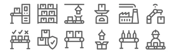 Набір Іконок Масового Виробництва Контурні Піктограми Тонкої Лінії Такі Конвеєр — стоковий вектор