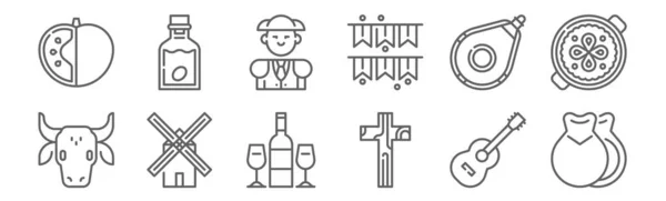 Tipik Spanyol Ikonu Kastanyetler Din Yel Değirmeni Şarap Tulumu Boğa — Stok Vektör