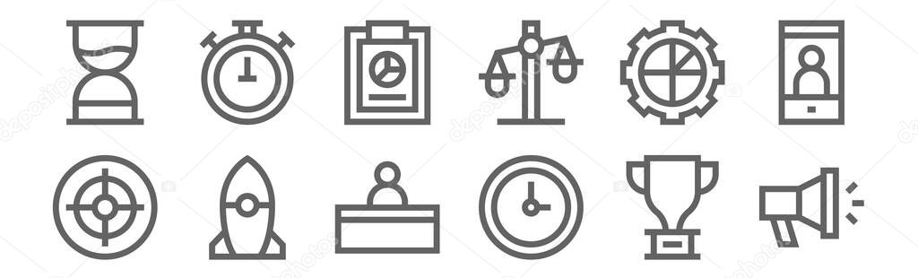 set of 12 strategy and management icons. outline thin line icons such as megaphone, clock, rocket, graphic, report, chronometer
