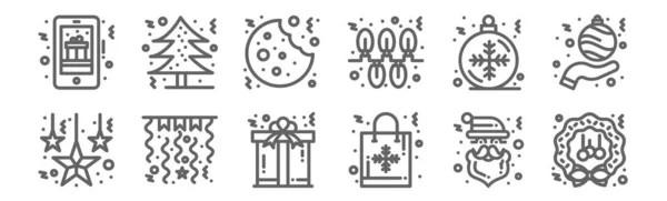 Set Christmas Icons Outline Thin Line Icons Christmas Wreath Gift — Stock Vector