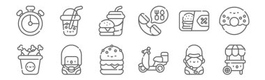 set of 12 take away icons. outline thin line icons such as food stand, motorcycle, delivery man, discount, fast food, juice clipart