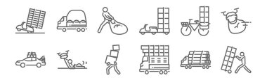 12 adet fazla kilolu teslimat ikonu. Teslimatçı, kamyon, ayyaş, bisiklet, postacı, kamyon gibi ince çizgi simgelerini özetle.