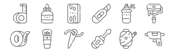 Set Handcrafts Icons Outline Thin Line Icons Caulk Screwdriver Brush — Stock Vector