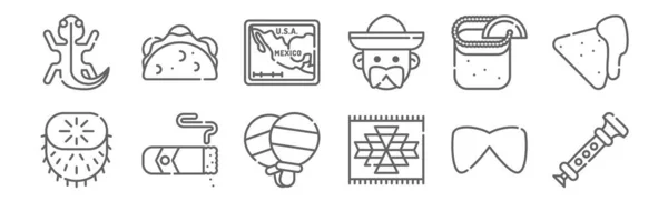 Set Von Mexikanischen Ikonen Umreißen Dünne Linien Symbole Wie Chirimia — Stockvektor