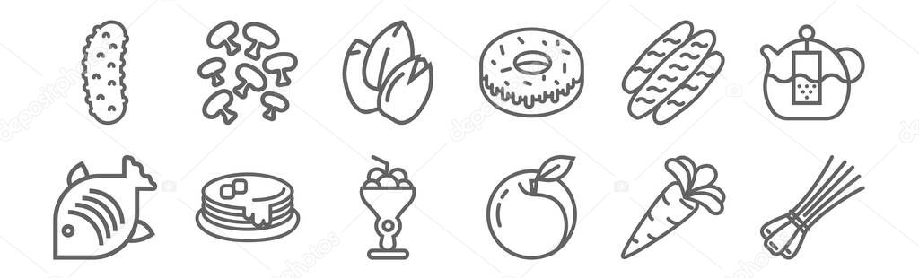 set of 12 gastronomy collection icons. outline thin line icons such as chives, peach, pancakes, bread, seeds, mushrooms