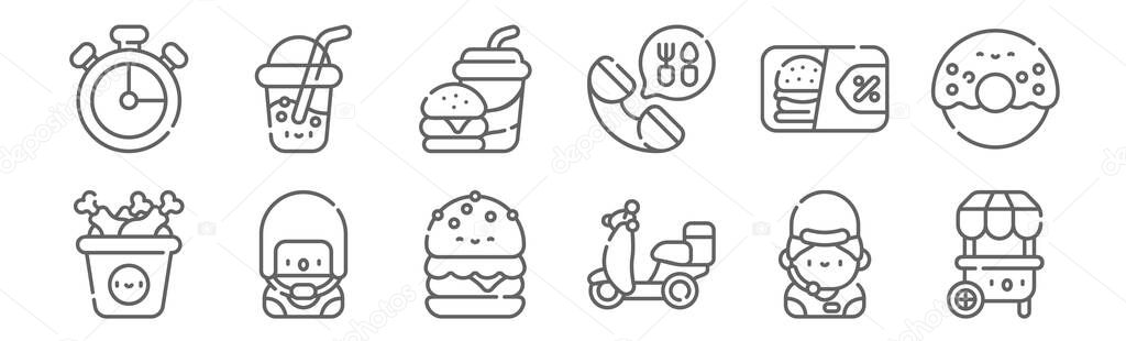 set of 12 take away icons. outline thin line icons such as food stand, motorcycle, delivery man, discount, fast food, juice