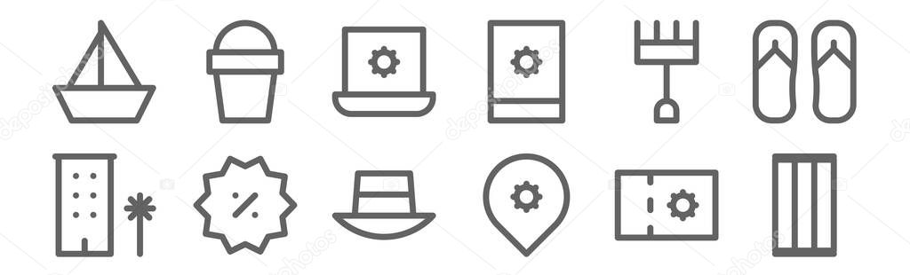 set of 12 summer sales icons. outline thin line icons such as inflatable, pin, discount, rake, laptop, sand bucket