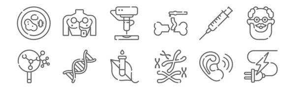 Set Bioengineering Icons Outline Thin Line Icons Electricity Chromosome Dna — Stock Vector