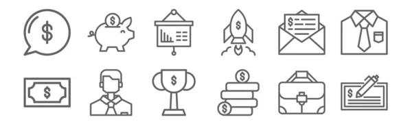 set of 12 business finance icons. outline thin line icons such as check, earning, boss, tax, presentation, piggy bank