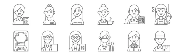 Set Female Occupations Icons Outline Thin Line Icons Delivery Man — Stock Vector