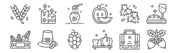Set Thanksgiving Icons Outline Thin Line Icons Acorn Pumpkin Bread — Stock Vector
