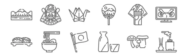 Set Japan Icons Outline Thin Line Icons Kodo Sake Ramen — Stock Vector