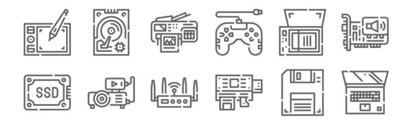 набор из 12 иконок компьютерного оборудования. контур тонкой линии иконки, такие как ноутбук, кард-ридер, проектор, сканер, принтер, жесткий диск
