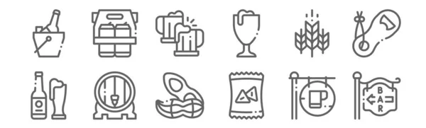 Set Beer Icons Outline Thin Line Icons Bar Chips Barrel — Stock Vector