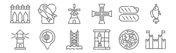 Set Von Portugiesischen Symbolen Umreißen Dünne Linien Symbole Wie Burg — Stockvektor