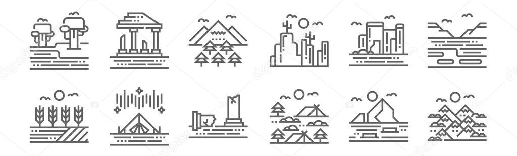 Set of 12 landscapes icons. outline thin line icons such as mountains, camping, tent, cave, forest, ruins