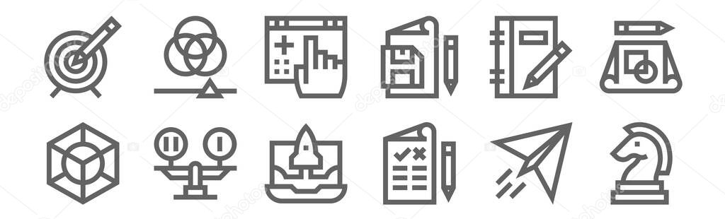 Set of 12 design thinking icons. outline thin line icons such as strategy, pros and cons, comparison, notebook, de, rgb — Stock Illustration Set Design Thinking Icons Outline Thin Line Icons Strategy Pros Stock Illustration