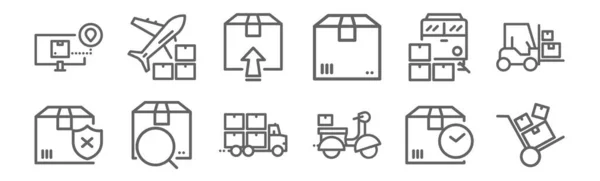 Set Delivery Cargo Icons Outline Thin Line Icons Hand Truck — Stock Vector