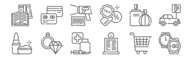 12 tane alışveriş merkezi ikonu. Saat, bilgi, mücevher, parfüm, barkod tarayıcı, cit kartları gibi ince çizgi simgelerini özetle