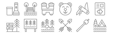 12 izci ikonu. Kamp, oklar, orman, İsviçre bıçağı, dürbün, nehir gibi ince çizgi simgeleri
