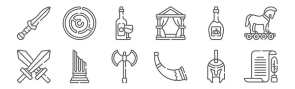 Set Ancient Greece Icons Outline Thin Line Icons Papyrus Horn — Stock Vector