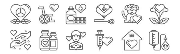 Set Charity Elements Icons Outline Thin Line Icons Blood Donation — Stock Vector
