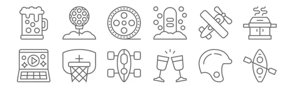 Set Hobbies Icons Outline Thin Line Icons Kayak Drinking Hoop — Stock Vector