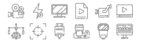 set of 12 video camera icons. outline thin line icons such as video editing, camera, focus, video camera, tv monitor, flash off