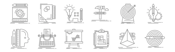 set of 12 advertising icons. outline thin line icons such as target, algorithm, typewriter, target, idea, de